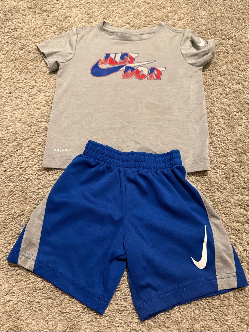 Nike Grey Tee with Blue & Red 'Just Do It' Logo and Royal Blue Shorts Size 3T